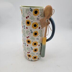 Hand-Painted Ceramic Pitcher With Spoon & Floral Sunflower Pattern by MUDPie
